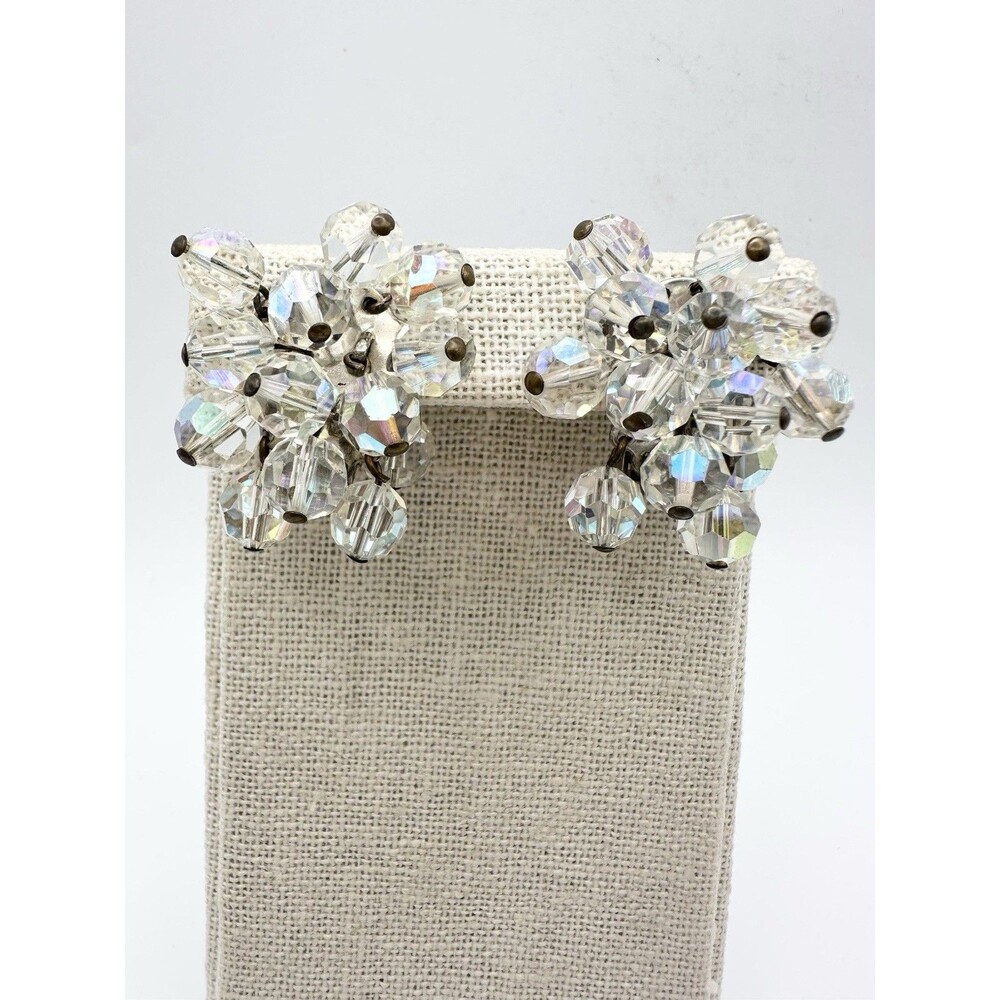 Vintage AB Aurora Borealis Faceted Clear Glass Crystal Cluster Earrings
